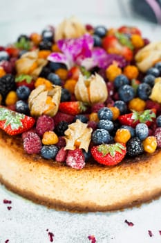 Closeup of delicious sponge cake topped with fresh berries