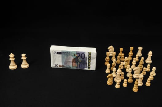 Money Strategy Concept White Chess and Currency on a Black Background