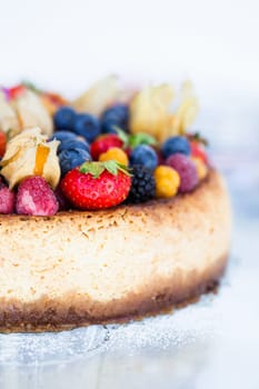 Closeup of delicious sponge cake topped with fresh berries