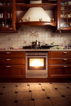 Interior photo of country style kitchen with hot oven