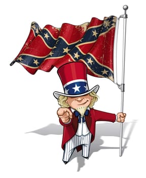 Vector Cartoon Illustration of South Uncle Sam holding a waving a American civil war South Flag (Stars and Bars), pointing "I want you"". Flag's texture and sepia color can be removed by turning the respective layers off."
