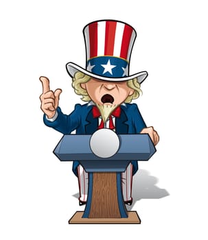 Vector Cartoon Illustration of Uncle Sam on the podium, giving a speech with intense expression.