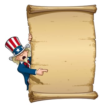 Vector Cartoon Illustration of Uncle Sam Pointing at a declaration-like papyrus.