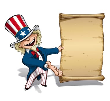 Vector Cartoon Illustration of Uncle Sam presenting a declaration-like papyrus.