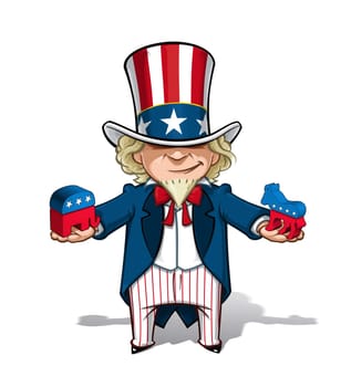 Vector Cartoon Illustration of Uncle Sam holding mockups of the Democratic Party Donkey and The Republican Party Elephant mascots.