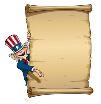 Vector Cartoon Illustration of Uncle Sam presenting a declaration-like papyrus.