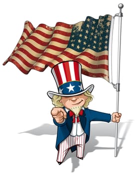 Vector Cartoon Illustration of Uncle Sam holding a 48 star American flag, pointing "I want you"". This was the flag of the United States during both World Wars and the Korean war. Flag's texture and sepia color can be removed by turning the respective layers off."
