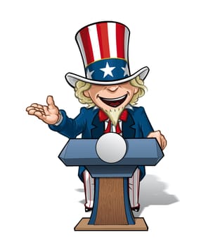 Vector Cartoon Illustration of Uncle Sam on the podium, giving a speech with an open expression.