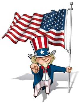 Vector Cartoon Illustration of Uncle Sam holding a waving American flagand pointing "I want you"" like the classic WWI poster."