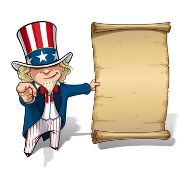 Vector Cartoon Illustration of Uncle Sam holding a declaration-like papyrus and pointing "I want you"" like the classic WWI poster"