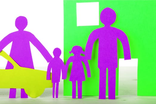 A Paper Family with House and Car in Neon Colors, Isolated