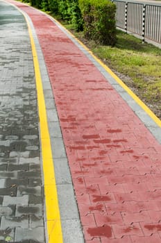 Marked bicycle path as part of city pedestrian zone