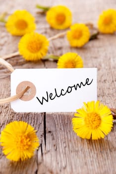 Tag with Welcome and yellow Flowers on Wood
