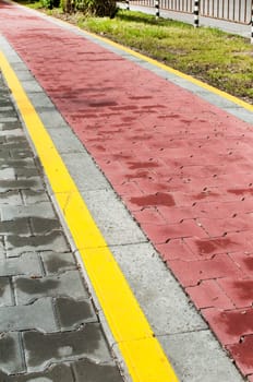 Marked bicycle path as part of city pedestrian zone