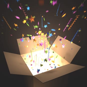 Open box with light inside. Your text coming out of the box.
