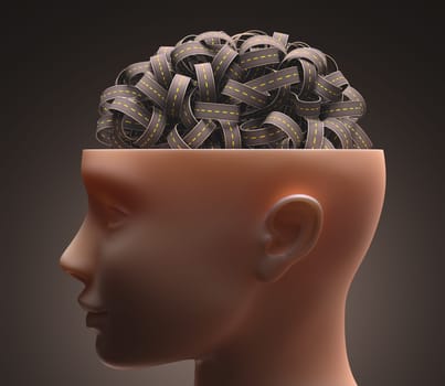 Several highways intertwined forming a human brain. Concept of confused mind. Concept of the complexity of the human brain. Clipping path included.