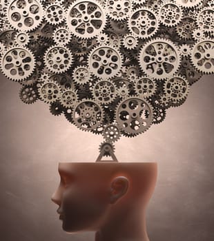 Several gears machine coming out of the head. Clipping path included.