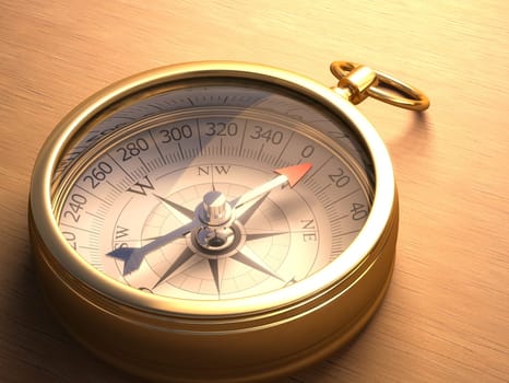 Compass on a wooden table with clipping path included.