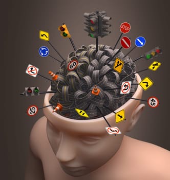 Several highways intertwined forming a human brain. Concept of confused mind. Concept of the complexity of the human brain. Clipping path included.