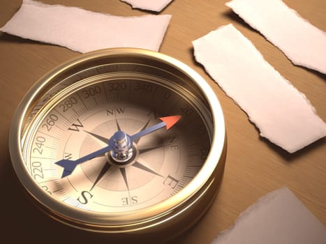 Compass indicating the best direction to take. Your text on blank pieces of paper. Clipping path included.