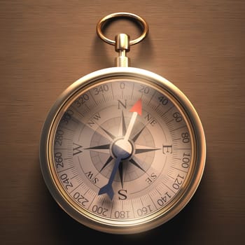 Compass on a wooden table with clipping path included.