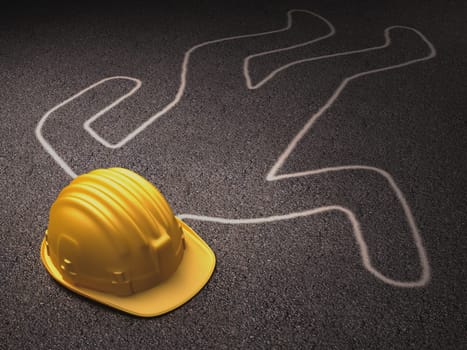 Accident at work. A helmet over the dead body outline.