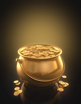 Golden pot full of gold coins. Clipping path included.