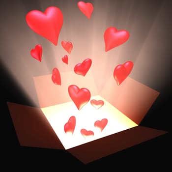 Open box with heart and light inside. Concept of love.