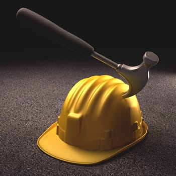 Accident at work. A hammer stuck in the helmet.