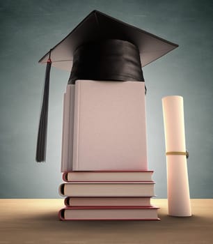 Graduation cap over the pile of books. Your image or text on the cover book. Clipping path included.