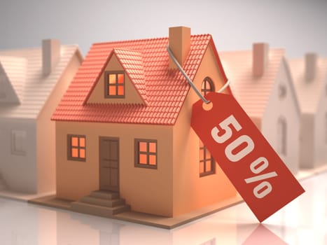 Small house with red label written 50%.