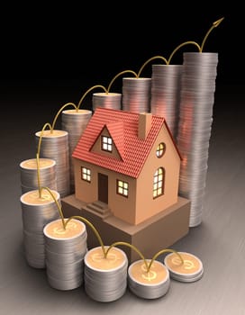 Small house surrounded by coins made ​​of gold and silver forming a graph on the rise.