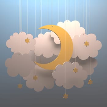 Cut out paper in the shape of moon and cloud. Your text on the clean space. Clipping path included.