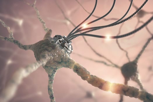 Neural network with one artificial connection in nanotechnology concept.