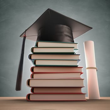 Graduation cap over the pile of books with blackboard on background. Clipping path included.