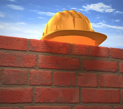 Protective helmet on a brick wall. Your text or logo on the wall.