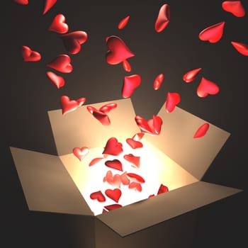 Open box with heart and light inside. Concept of love.