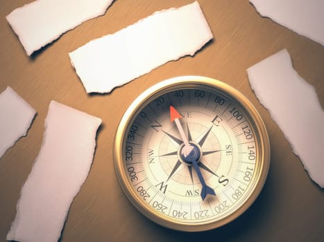 Compass indicating the best direction to take. Your text on blank pieces of paper. Clipping path included.