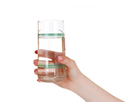 A woman's hand holding a glass of water, isolated for white.background..