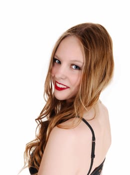 A profile picture of a beautiful young teenager girl with long blond hair.and blue eyes, isolated for white background..