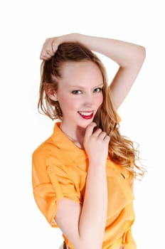 A portrait picture of a beautiful young teenager girl with long blond hair.and blue eyes, smiling, isolated for white background..