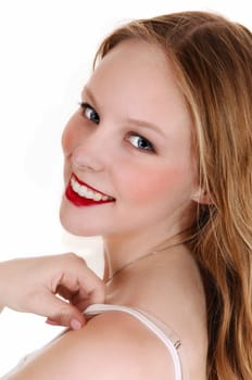 A closeup picture of a lovely teenager with blue eye's and long blond.hair, isolated for white background..