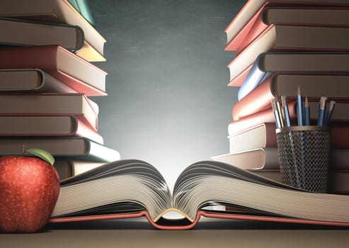 Open book over the table with blackboard on background. Clipping path included to your text on the blackboard.