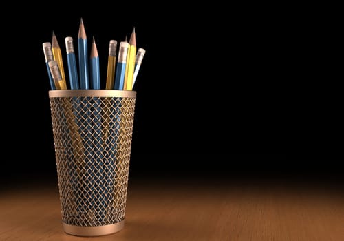 Several pencils on the basket. Your text on the right space. Clipping path included.