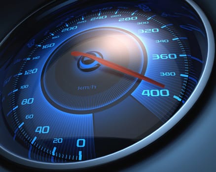 Speedometer scoring high speed. The limit of speed.