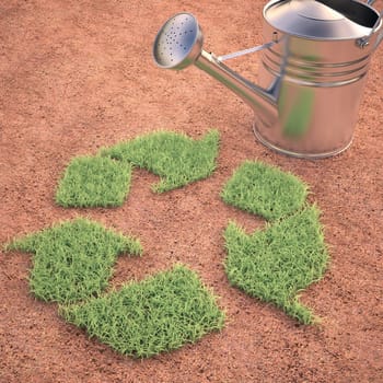 Watering the recycle sign. Clipping path included.