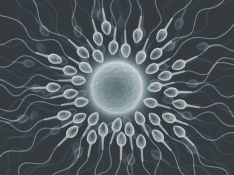 A lot of sperms going to the ovule. Image concept of fecundation.