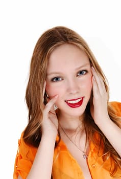 A closeup picture of a lovely teenager with blue eye's and long blond.hair, smiling, isolated for white background..