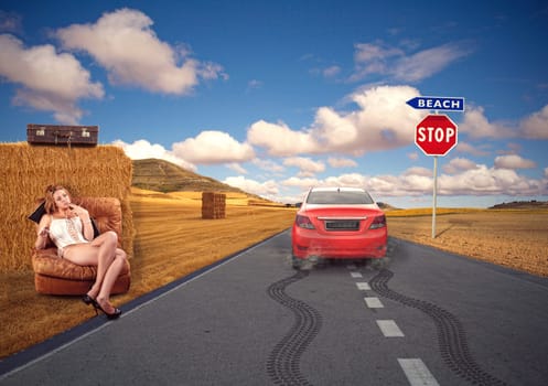 Pretty girl in underwear hitchhiking along a road