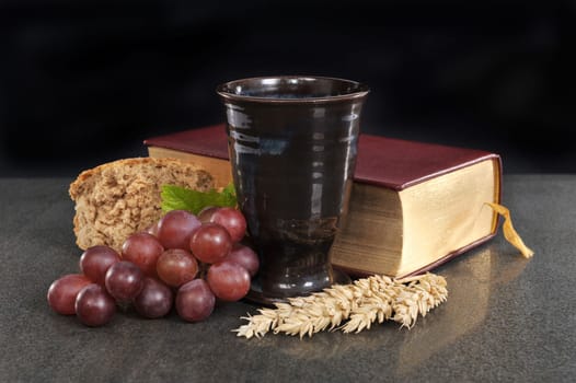 Bread,wine and the Bible for the sacrament or communion
